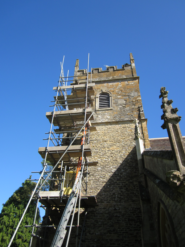 Stonemason work, Somerset. Stone repairs to a church tower.